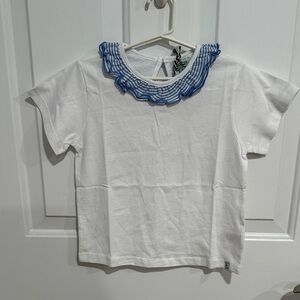 White Tee with Blue Ruffle Collar
